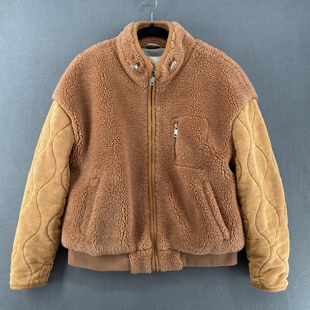 Avec Les Filles Mixed Media Teddy Jacket Womens M Brown Quilted Full Zip Lined